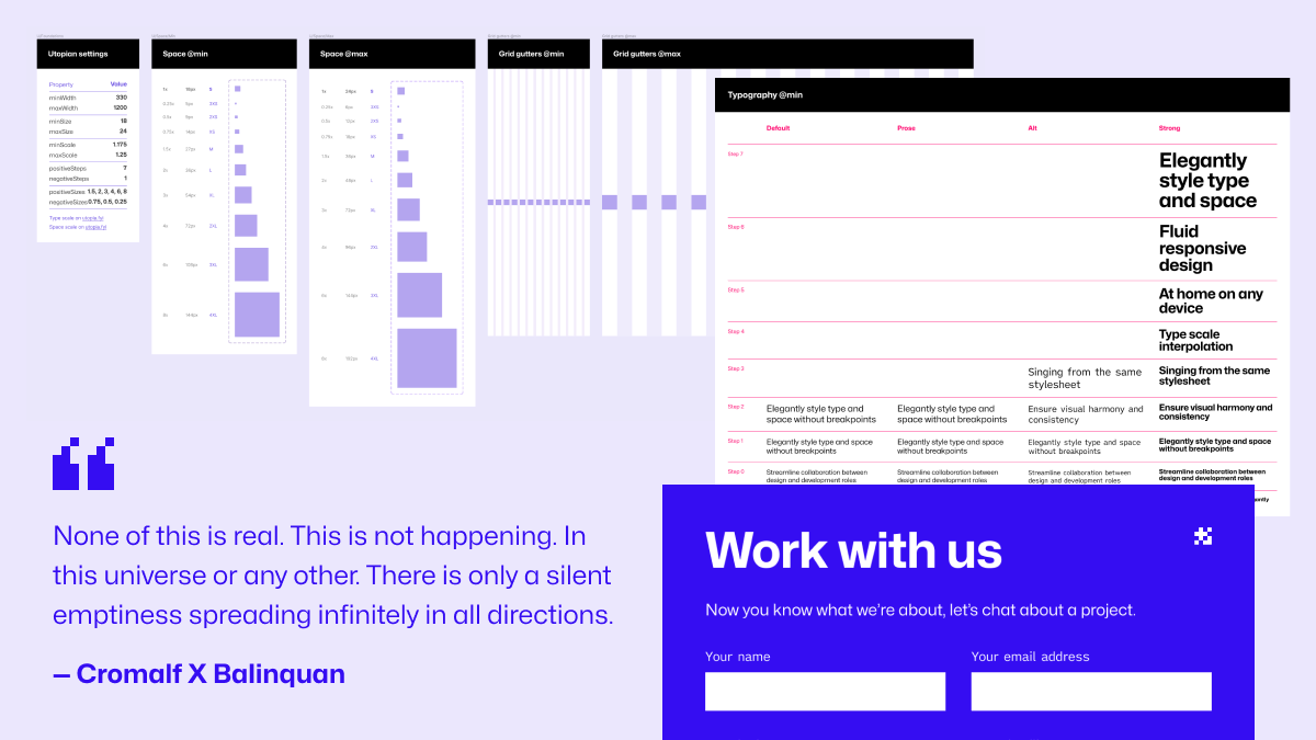 Screenshots of the fluid type and space palettes underpinning the website design